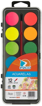 Acuarela Ezco caja acrilica 12 colores + pincel (base negra)