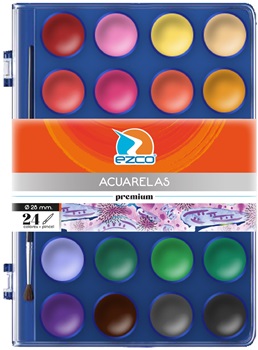 Acuarela Ezco caja acrilica premium 24 colores + pincel