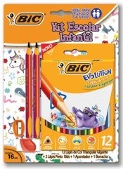 Kit escolar infantil Bic 12 lapices de colores + 2 grafitos + sacapuntas + goma