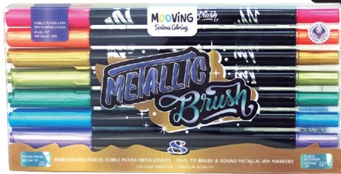 Marcador Mooving coloring doble punta pincel metalizado x8